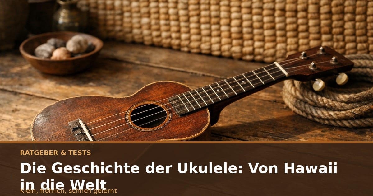Vintage-Ukulele auf altem Holztisch, dahinter geflochtene Matte im warmen Licht