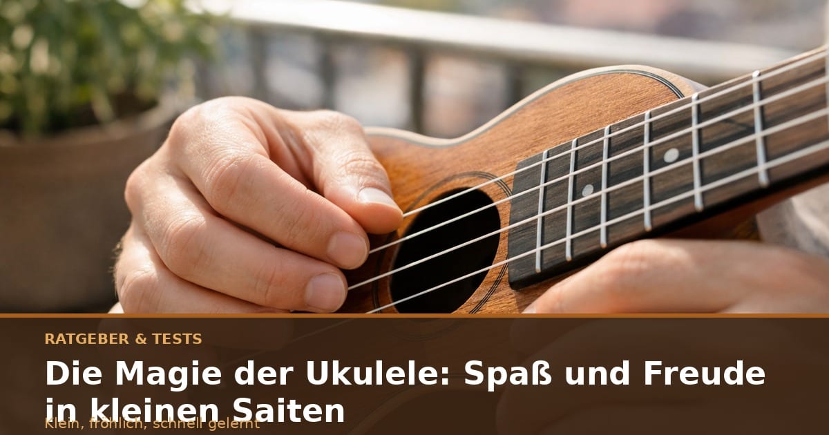 Hände spielen eine Ukulele auf einem sonnigen Balkon, Saiten und Finger im Fokus